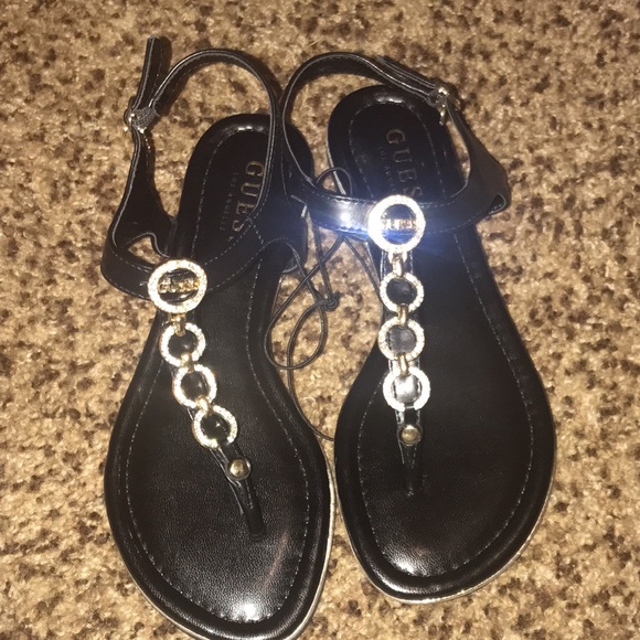 Guess | black sandal , rhinestone with gold trim - Picture 1 of 4